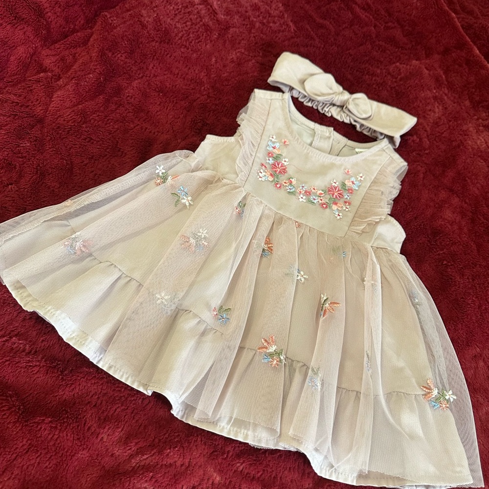 Cream Floral Embroidered Dress with Bow